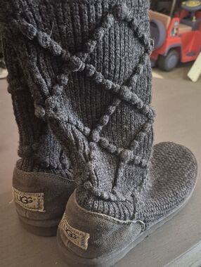 UGG Gray Knit Suede-Trim Slipper Boots with Branded Heel